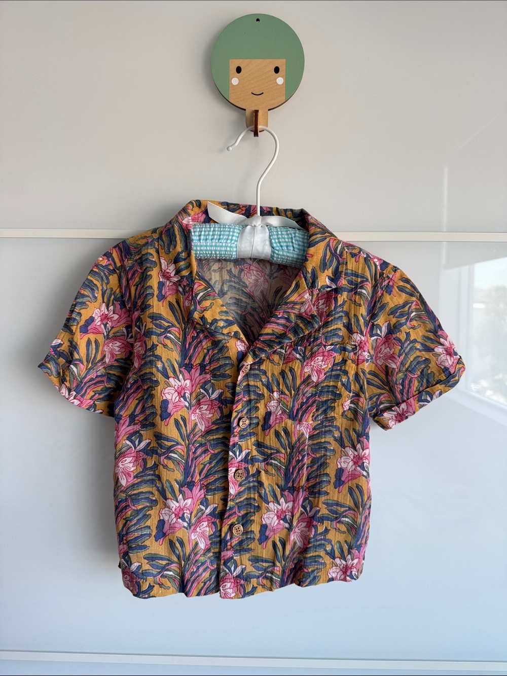 Louise Misha Kids Floral Short-Sleeve Button-Down Shirt - Mustard with Pink